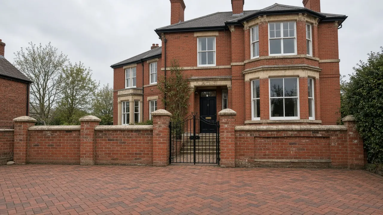 Example image: clay paver herringbone driveway in front of a Victorian villa