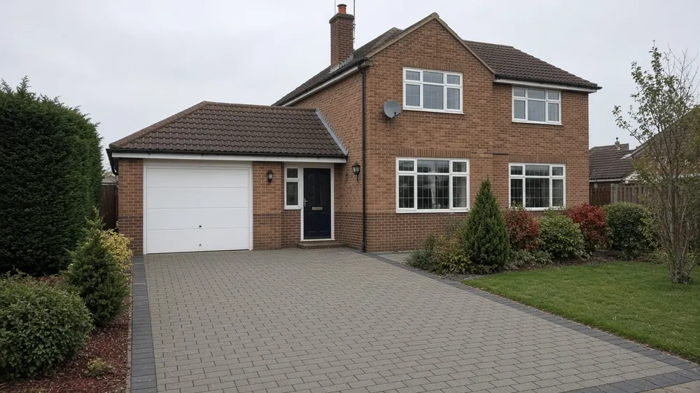 Example image: grey block paving in stretcher bond outside a 1990s house