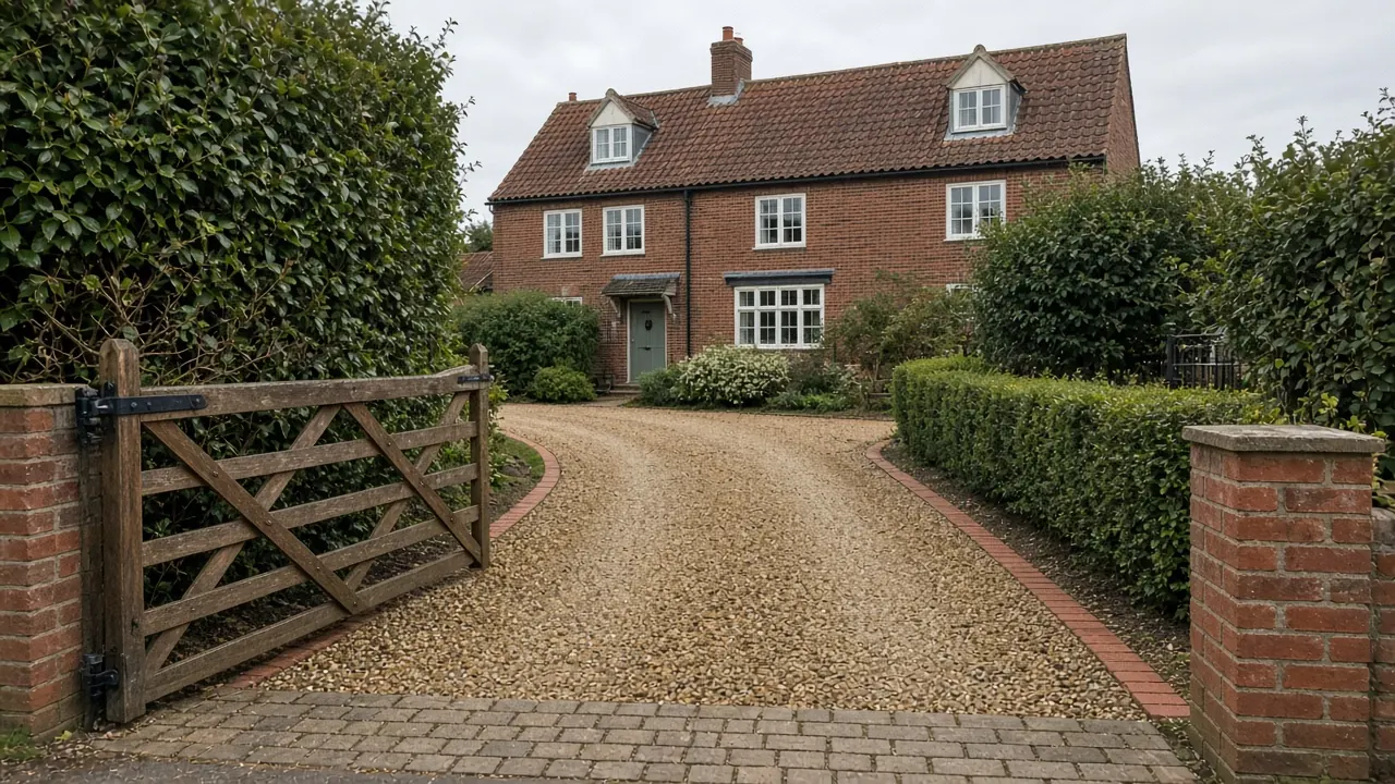 Example image: a golden gravel driveway with brick edging at a village house