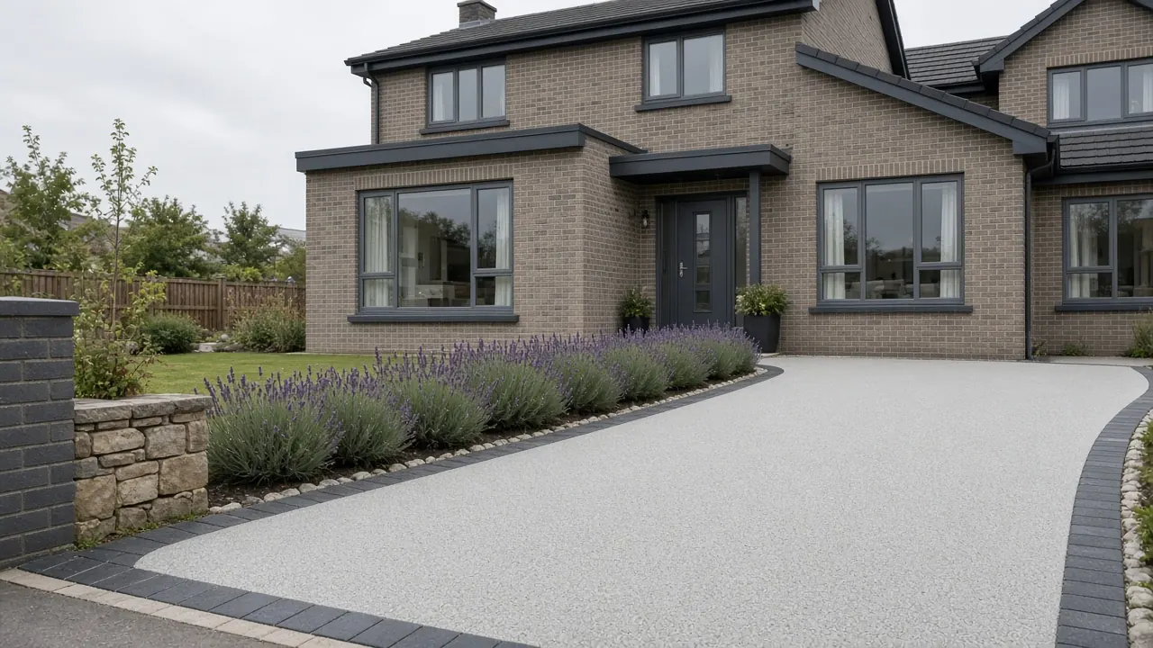 Example image: a silver-grey resin-bound driveway with a charcoal border